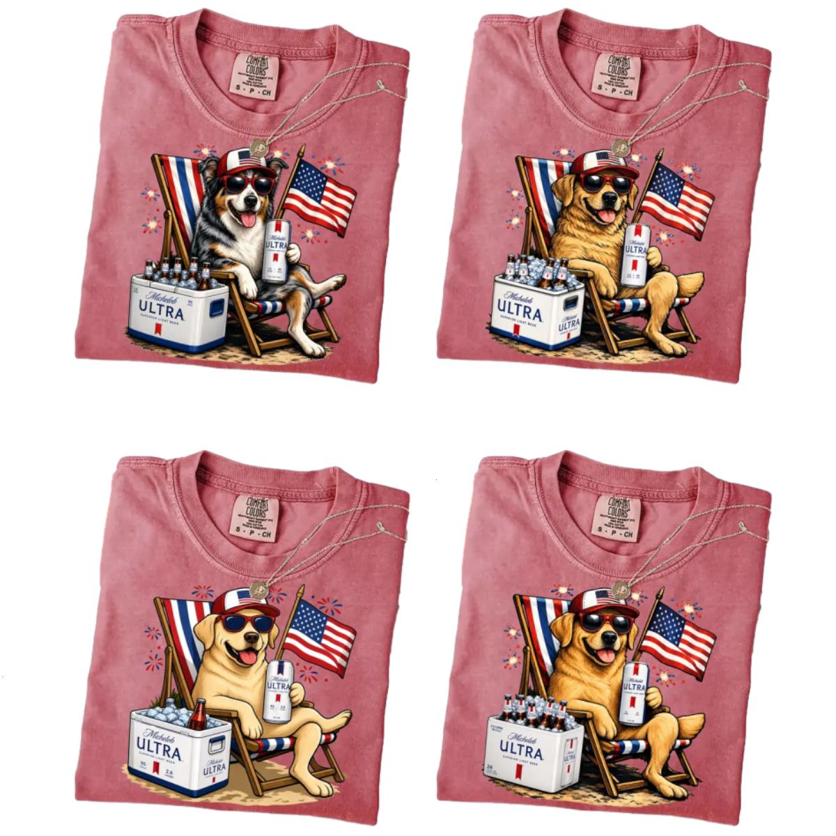Comfort Colors Crimson 50+ Dog Funny 4th of July Shirt, Retro Labradoodle Drinking Michelob Ultra American patriotic dogs Shirt, Funny Summer Beach Dog Shirt, Patriotic Dogs Shirt, Michelob Ultra Lover Dog Shirt