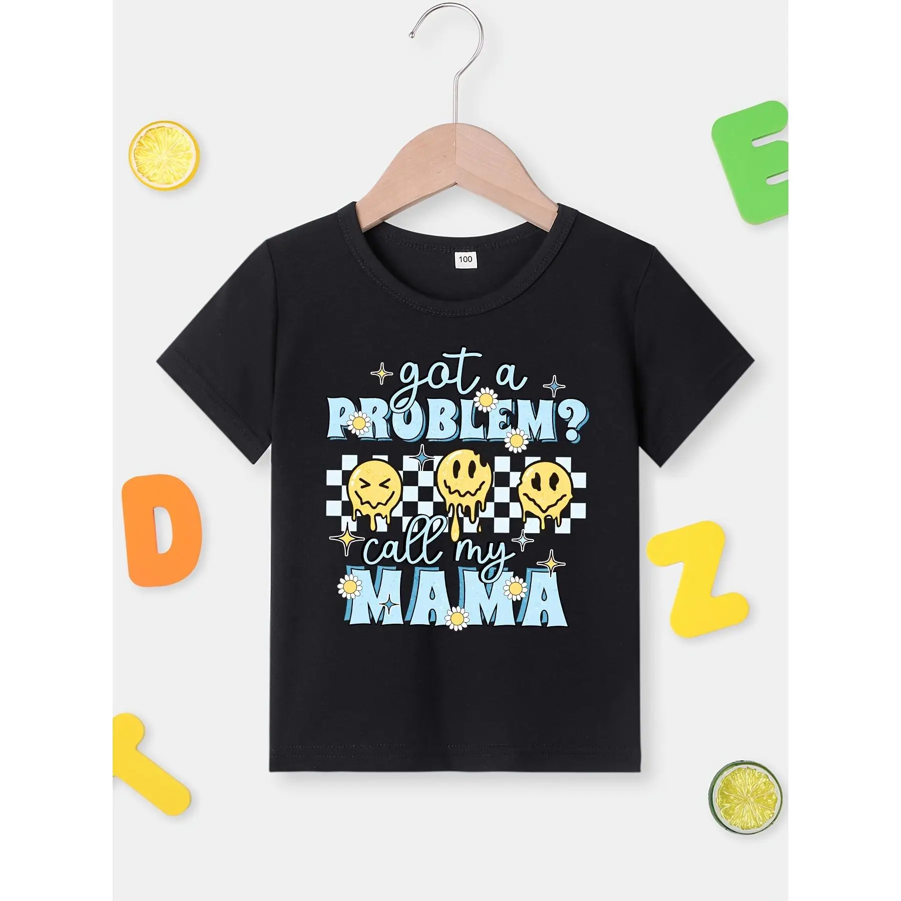 Print Cotton T-Shirt for Boys, Crew Neck, Short Sleeve, Regular Fit, All-Season Knit Top with "Call My Mama" Graphic, Cute Shirts