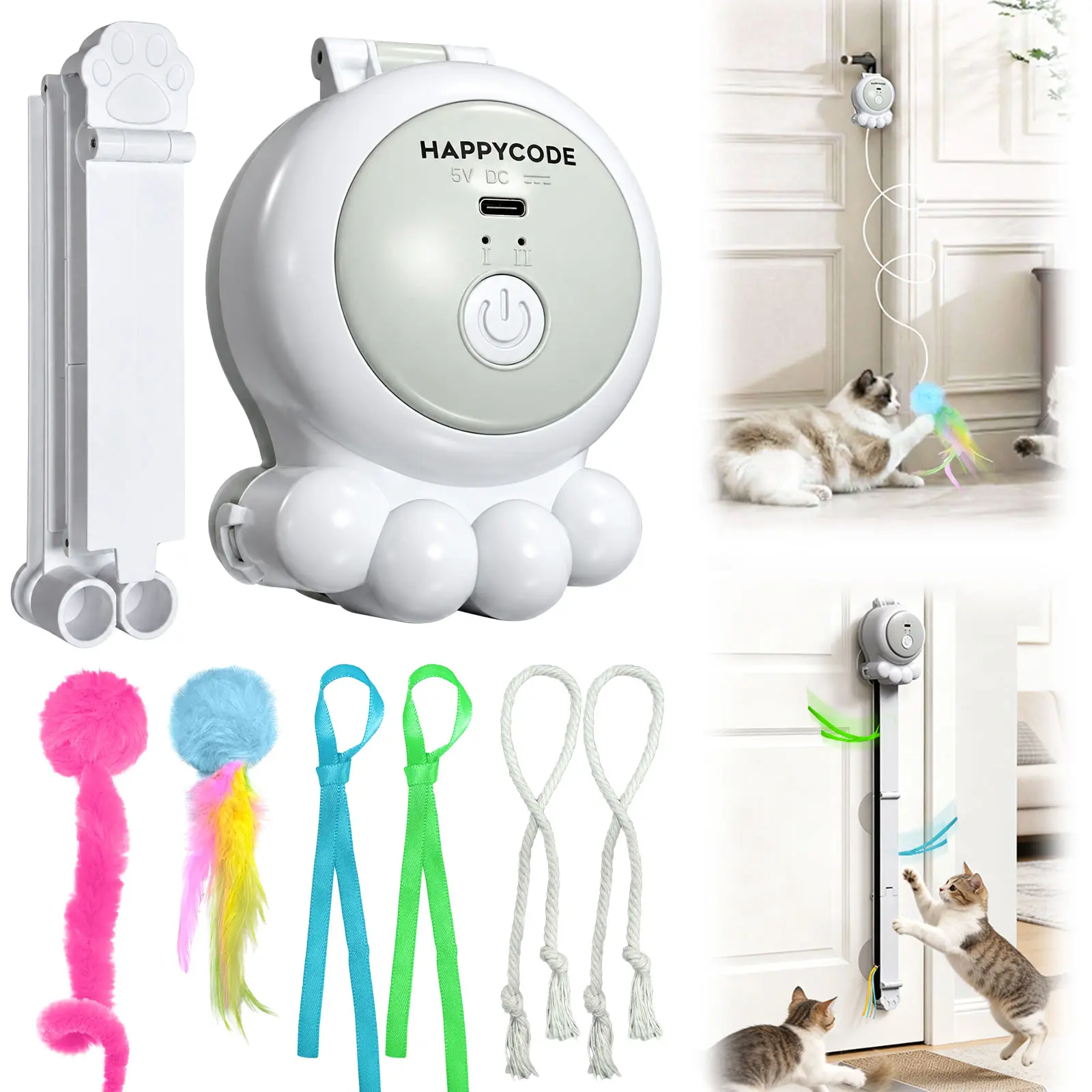 HAPPYCODE 2-in-1 Interactive Cat Toy - Rechargeable Automatic, Dual Speed ABS Plastic, Suction Cup Hold, 2 Modes, Animal Print, Velcro Hanging Design, Indoor Use Puzzle Teaser to Prevent Boredom