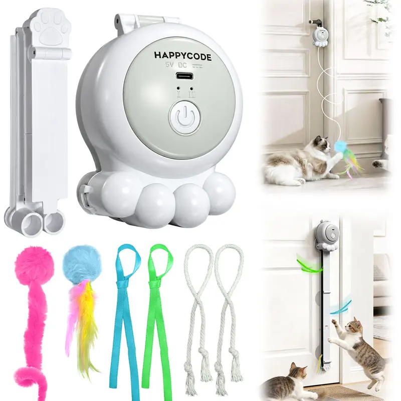 HAPPYCODE 2-in-1 Interactive Cat Toy - Rechargeable Automatic, Dual Speed ABS Plastic, Suction Cup Hold, 2 Modes, Animal Print, Velcro Hanging Design, Indoor Use Puzzle Teaser to Prevent Boredom