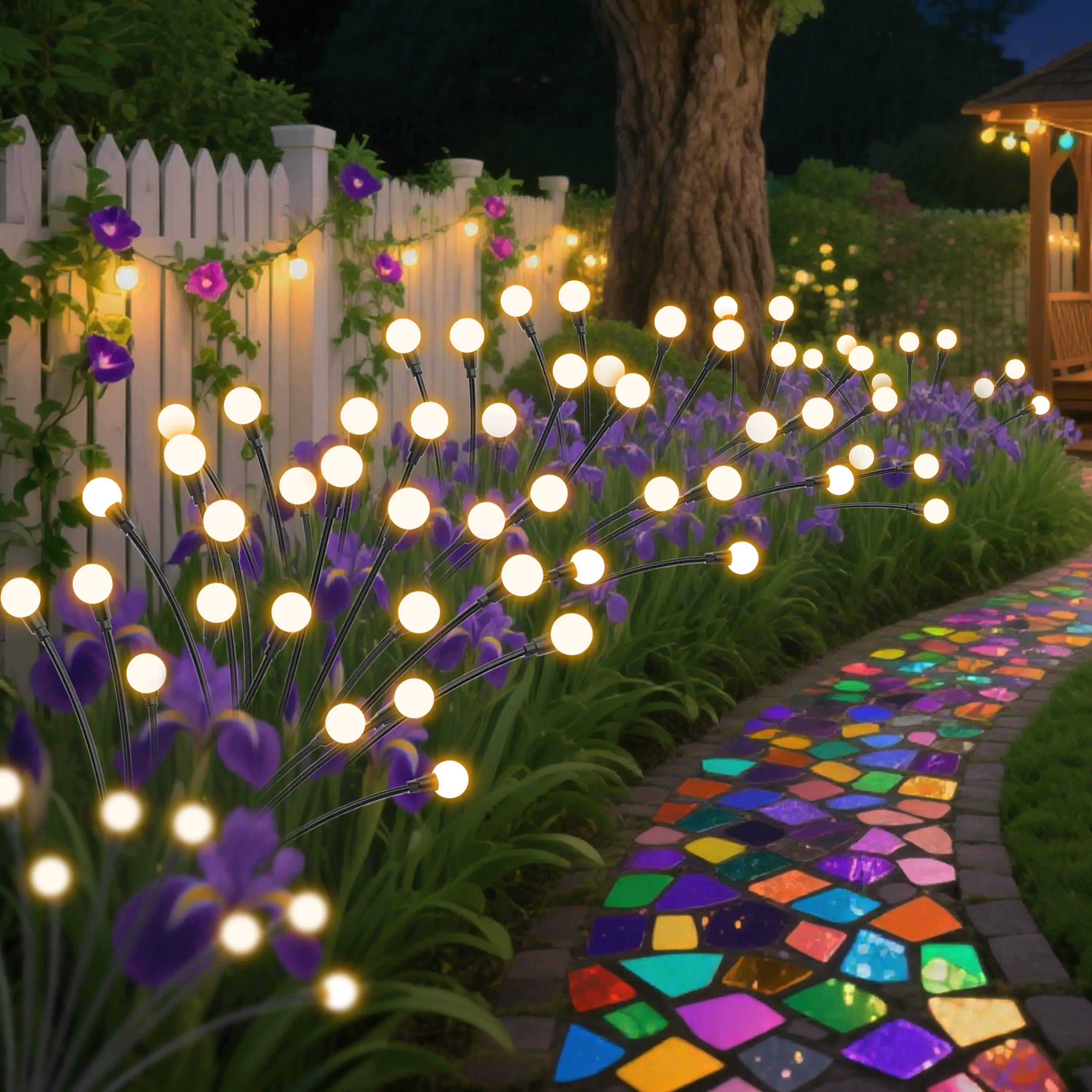 Solar Powered Copper Firefly String Lights - 2 Light Strings, 1Pc, 600mAh Rechargeable Battery, Auto On/Off & Auto Shut-Off Sensor, 6/8/10LED Options, Waterproof Outdoor Decor Lamps, Garden Decor, Ideal Christmas & Birthday Gift, Yes