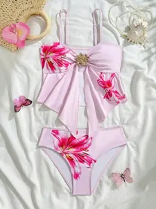 Women's Strapless Bikini with Large Floral Pattern, Floral Print Bikinis, Sexy Fashion Beach Swimsuit, Stylish Summer Swimwear for Women, High Waist Swimsuit, Floral Print Swimsuits