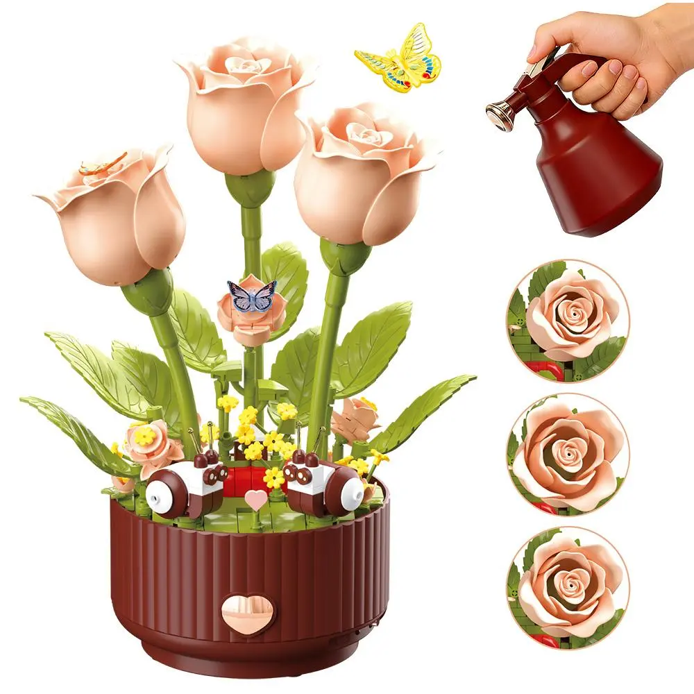 HEGOAI 334-Piece Floral Theme Assembly Kit - Collectibles with Blooming Rose, Stem (Science), Lighting, Animation, Remote-Controlled Watering Can (Watering Sound Effects) for 10-12 Years Enthusiasts Plastic Bricks Gift Set