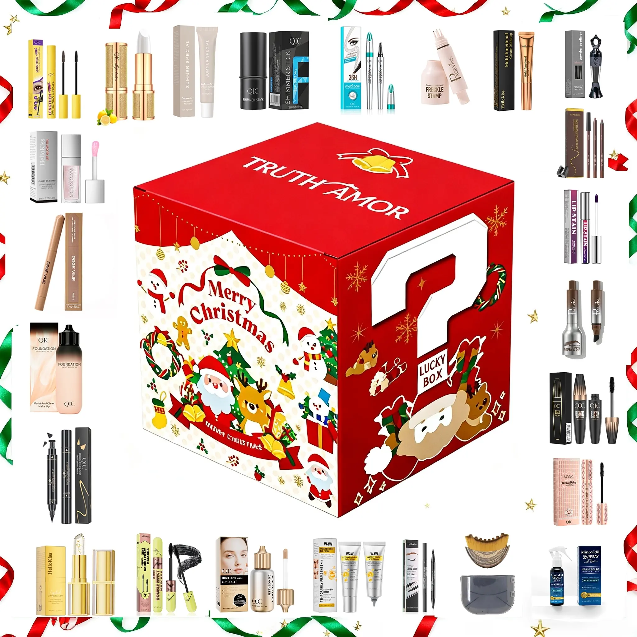 1Box TRUTH AMOR Christmas Limited Beauty Mystery Blind Box,24 Optional Assorted Mixed Makeup & Skincare Items In Random Pack,Ideal Holiday Present Choice For Gift Giving Or Personal Daily Beauty Routine Refresh For Xmas Season
