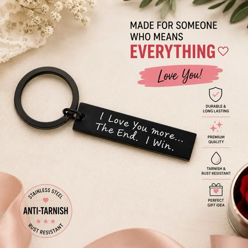 " I Love You More The End I Win" Stainless Steel Romance Keychain - 1.96x0.47in Compact Practical Unisex Custom Text Keychain with Split Ring, Boyfriends Custom Gifts with Unisex Appeal, All Occasions Durable Fashion Accessory, 1.96 X 0.47 Inches