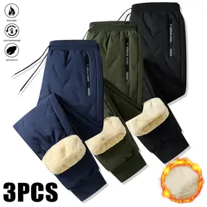 Men's 3 Pack Warm Pants Heavyweight Thermal Cotton Trousers with Drawstring Waistband, Black Cold Resistant Winter Long Pants for Daily and Formal Wear with Side Pockets Suitable for Office Work and Outdoor Activities