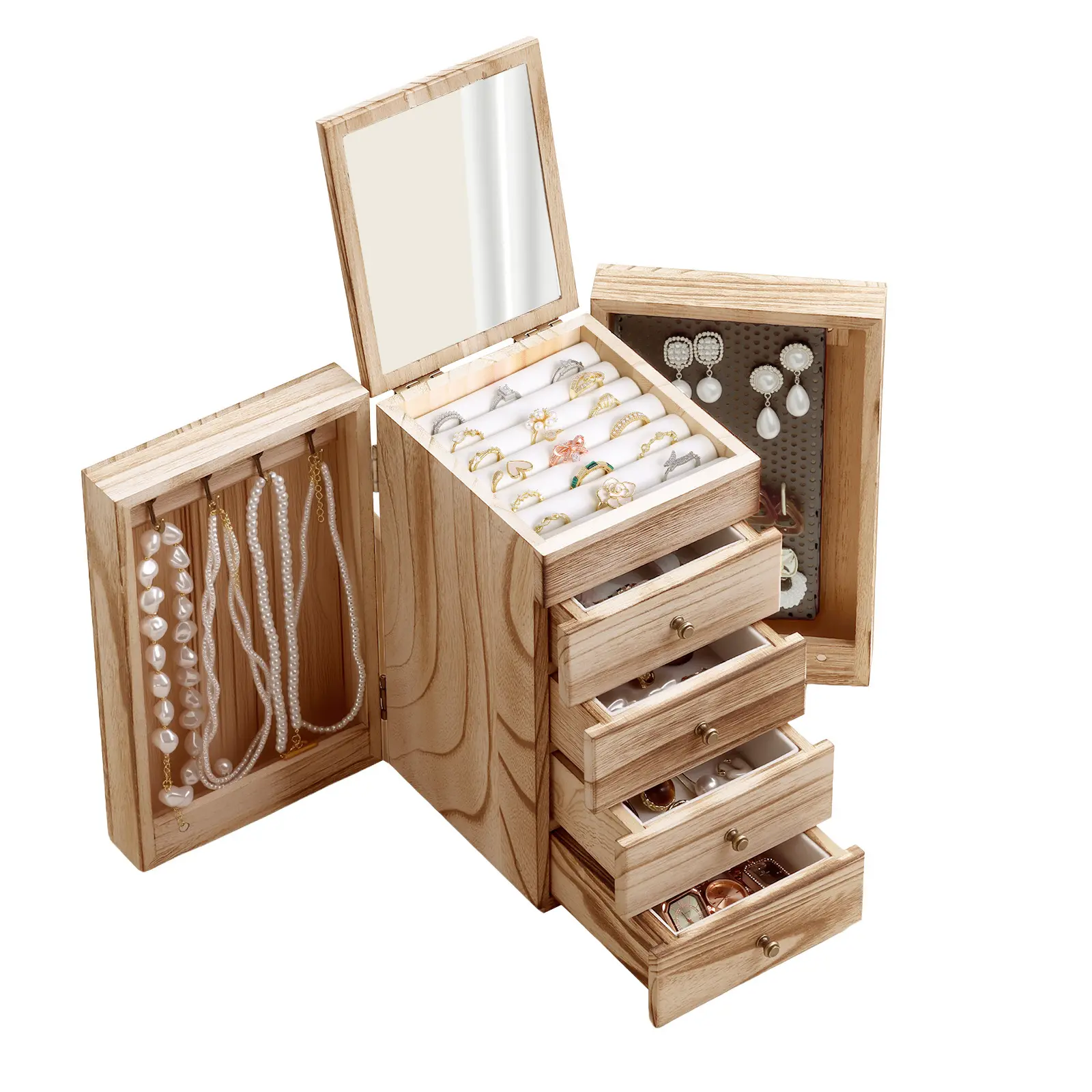 Women's Jewelry Box, Vintage Wooden Jewelry Box and Storage Box, with Mirror, 5-Layer Jewelry Storage Box, can display rings, earrings, necklaces, bracelets.