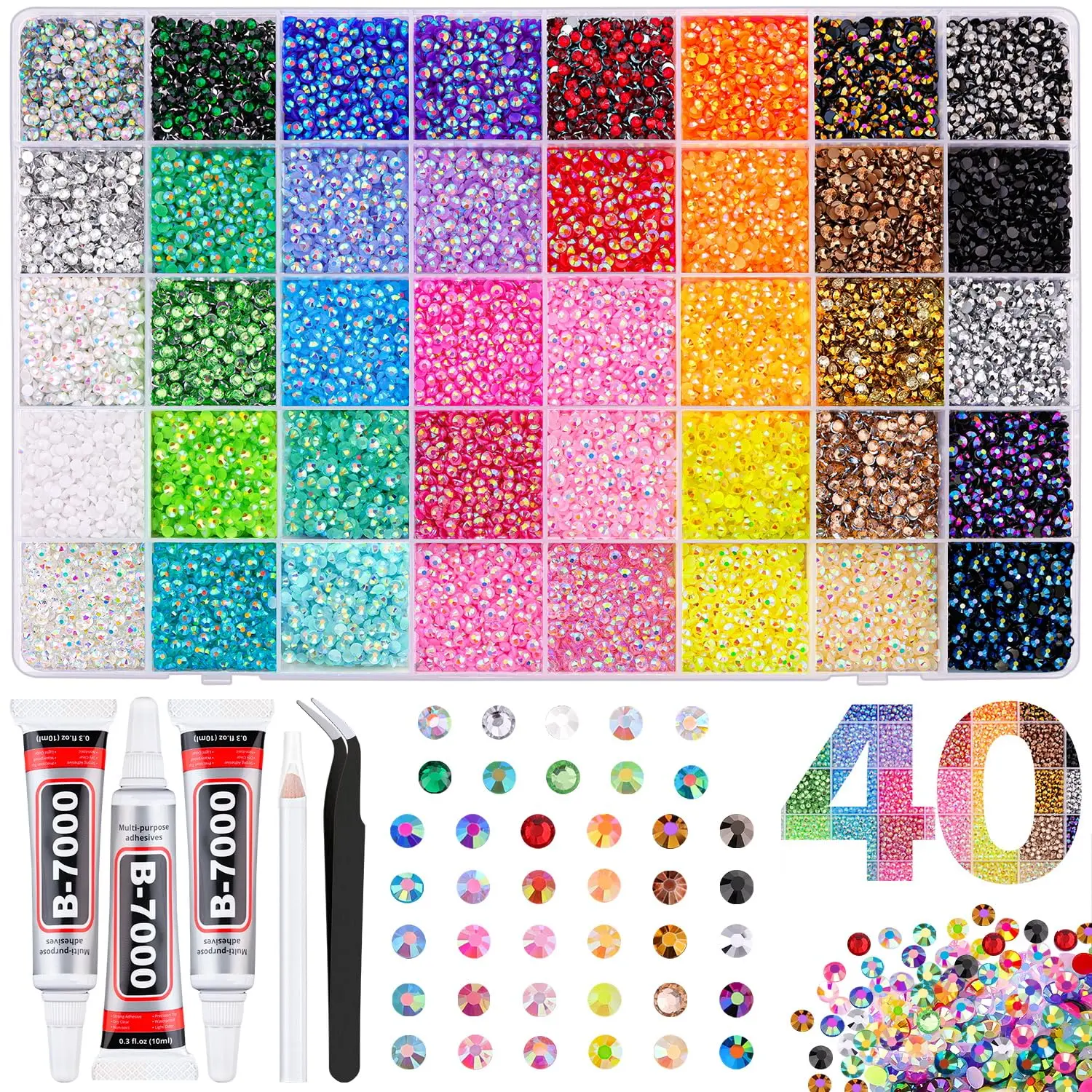 35000Pcs 3mm Jelly Rhinestones Bedazzling Kit | 40 Colors Flatback Bedazzler Gems, 3Pcs B7000 Jewelry Glue, Diamond Art Tools for Bedazzle Thing Shoes Books Crafts Nail Art