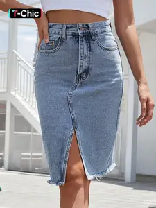 Elegant Casual Women's Summer Slim Fit Denim Skirt, Frayed Hem Split Design, Perfect for Daily Wear, Stylish and Comfortable, High Waist Skirts, Casual Fashion Skirt