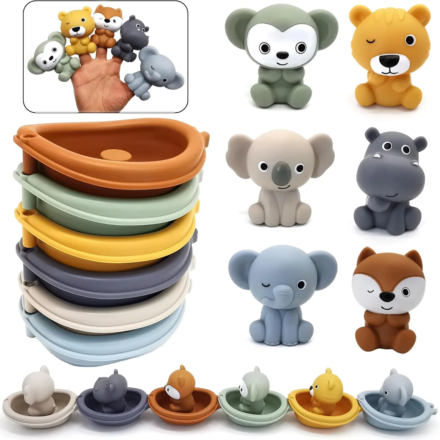 Children Bath Toys Cute Stackable Floating Boat, Baby Bathtub Play Water Stacking Boats, Animal Finger Puppets, 6/12 Pieces Set, Suitable for 1-3 Years, Bath Time, Bath Experience, Engaging Play, Creative Play, Motor Skills