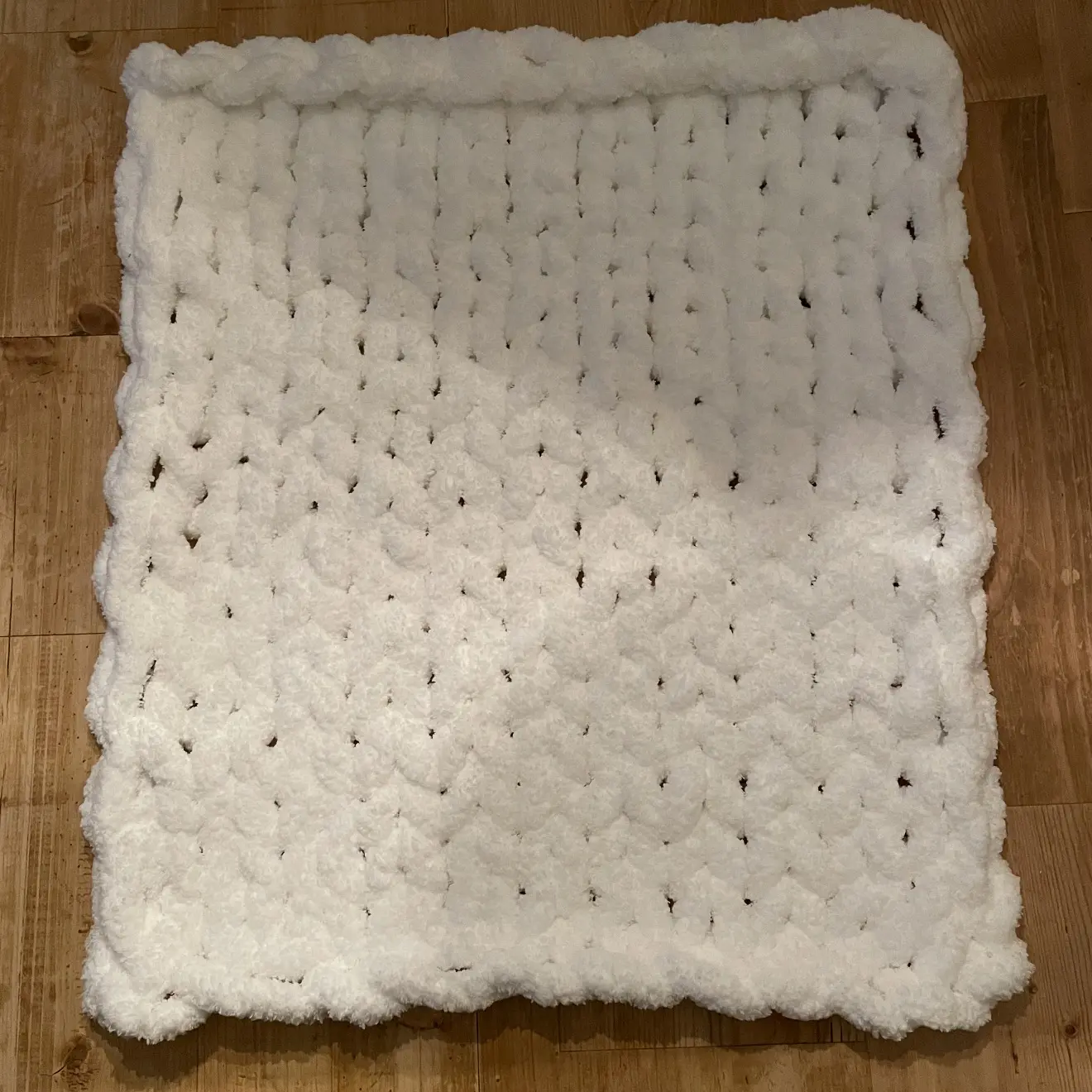 Soft cozy mini chunky white chenille handmade finger knitted  blanket (20” x 18”)