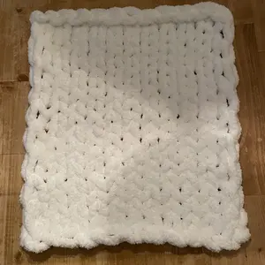 Soft cozy mini chunky white chenille handmade finger knitted  blanket (20” x 18”)
