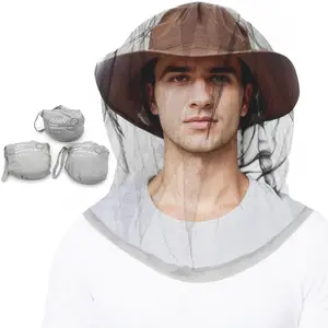 Head Net Bug Hood for Fishing, Camping, Hat-Compatible Breathable Mesh Face Cover from No See Ums, Insects, Bugs(3 Pack, One-Piece, Grey)