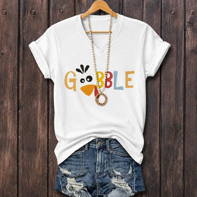 Cherrybetty Women's Cotton Thanksgiving Gobble Print V-Neck T-Shirt Casual Shortsleeve T-Shirt for Holiday Wear Lady Chit Merch Fun Turkey Design 2000s Cute Clothes