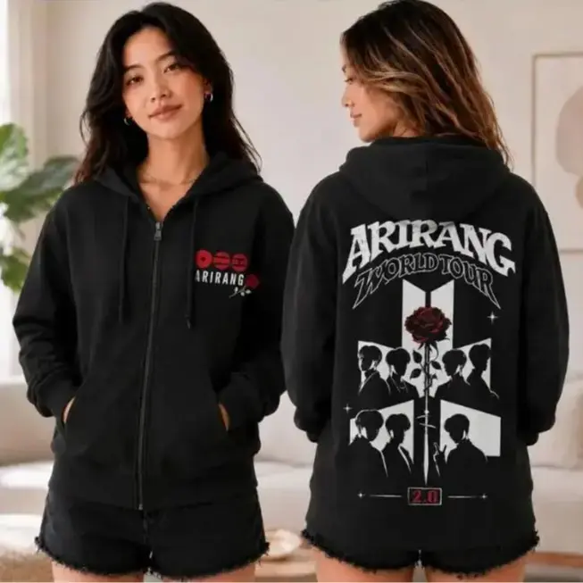 Retro Arirang Graphic Zip Up Hoodie, Star Detail Hooded Sweatshirt, Front Pocket Casual Streetwear Jacket for Men and Women, Kpop Inspired Gift