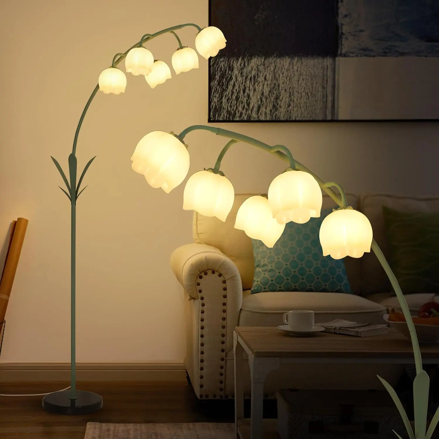 Arc Flower Design LED Floor Lamp with 5 G9 LED Bulbs, Ft Switch, Green Floral Acrylic Shade, Curved Tall Flower Design Lamp for Living Room, Bedroom Corner Kids Reading, Led Floor Lamps