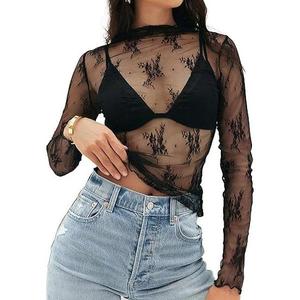 MEROKEETY 2024 Womens Mesh Sheer Long Sleeve Layering Top Mock Neck Lace Floral See Through Shirt Blouses