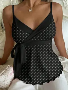 Summer Sweet Polka Dot Halter V Neck Waist Tie Design Slimming Ruffle Hem Women's Top, Chic Stylish and Comfortable Summer Fashion
