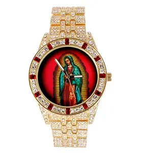MaxBling81 Unisex Casual Iced Digital Watch - Iced Gold-Silver Plated Bling, Round Face Our Lady of Guadalupe Dial, Waterproof Metal Band with Removable Links, Japanese Quartz Movement, Iced Digital Watches