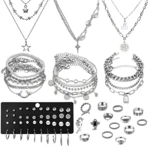 37pcs Silver Jewelry Set With 3 PCS Necklace, 14 PCS Bracelet, 7 PCS Ear Cuffs Earring, 6pcs Hoop Earrings,7pcs silver rings set For Women For Birthday Gifts funky Wing Angel Elegant