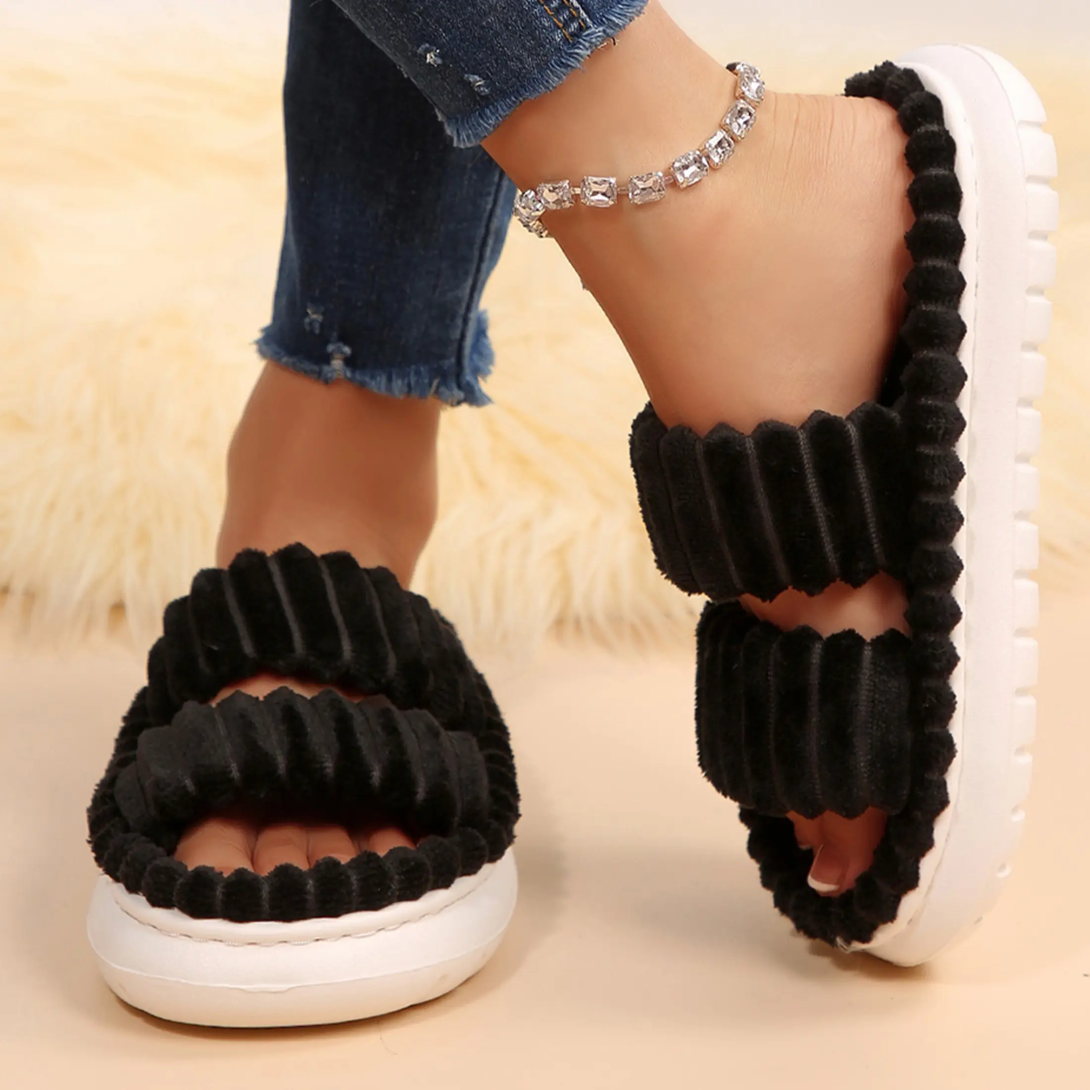 Women's Minimalist Stripe Design Fuzzy Bedroom Slippers,Double Strap Plush Slippers,Comfortable Home Couple Slippers