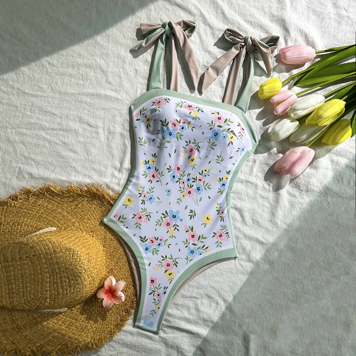 Ladies' fashion one-piece double-sided flower print swimsuit