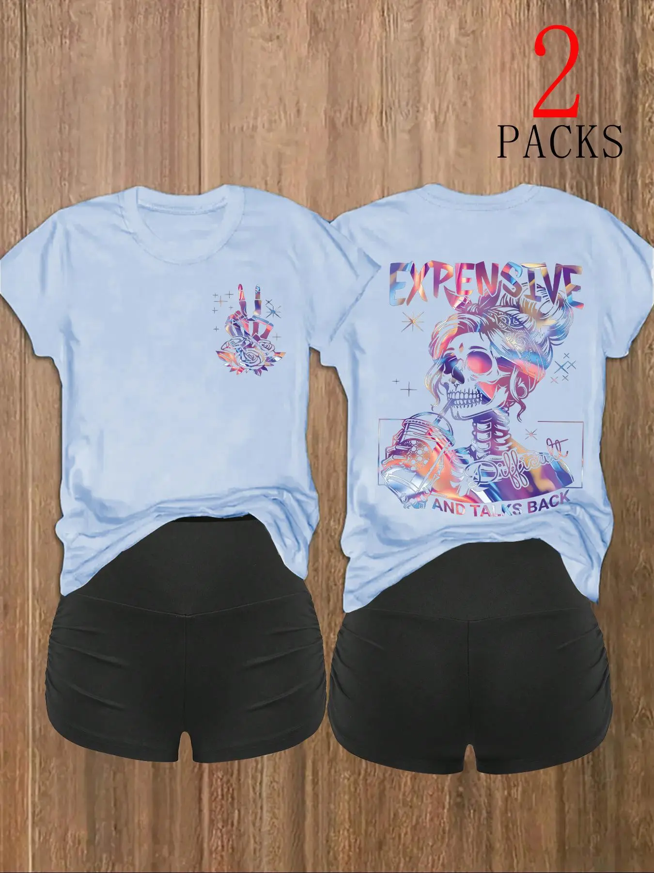 Women's Skull Print Crop Tee & Skinny Shorts Two-Piece Set, Casual Fashion Round Neck T-shirt & Shorts for Daily Outdoor Wear, Ladies Clothes for Summer, Suits, Matching Sets, Cropped Essential Sets, Summer Clothing Set