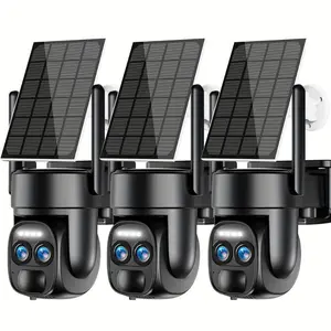 Solar Security Cameras Wireless Outdoor, 4K 2.4GHz WiFi PTZ Camera Battery Powered, 360°View Home Security Systems With Color Night Vision, Spotlight Siren, PIR Sensor, Auto Tracking, Human Detection, 2-Way Audio, 3Pcs security surveillance full hd smart
