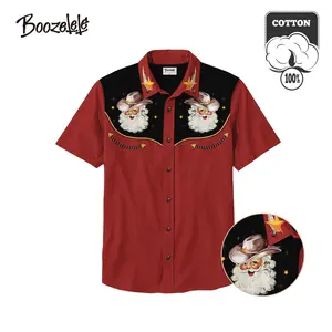 [Christmas]Unisex Christmas Western Santa Cowboy 100% Cotton Short Sleeves Shirt Button-down,,Christmas Gift, Cowboy Outfit,Interesting Gifts