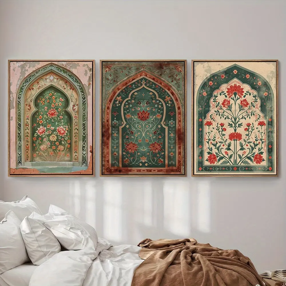 3pcs/set Frameless Vintage Islamic Flower Arch Art Canvas Print, Modern Minimalist Muslim Arabic Landscape Gallery Wall Art Islamic Home Decor