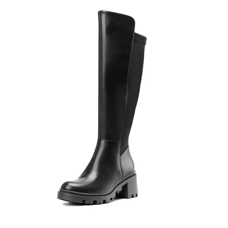 Dream Pairs Women's Chunky Knee-High Boots, Spliced Vegan Leather Statement Shoes with a Stretch Shaft, Cushioned Lug Sole, and Side Zipper, Walking Shoes, Women's Shoes