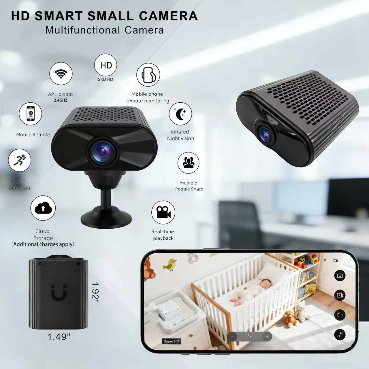 Mini Magnetic Surveillance Camera Wireless Wi-Fi Night Vision Motion Alarm for Home Office Warehouse Monitoring 1.5-hour Battery USB Powered 16/32GB Card Intelligent AI Motion Detection with iOS Android App Safety Safety