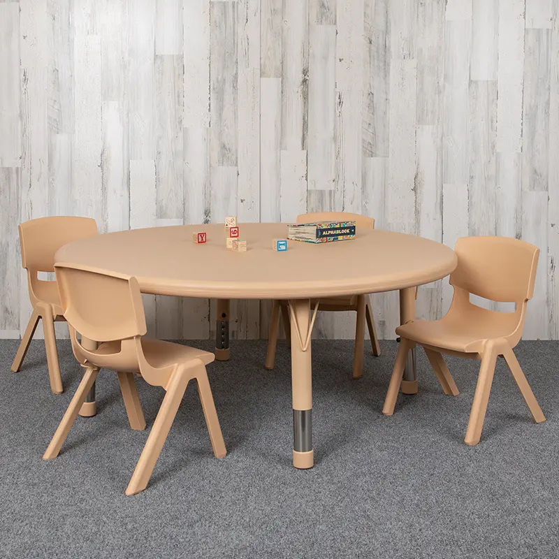 Flash Furniture YU-YCX-0053-2-ROUND-TBL-NAT-E-GG Adjustable Height 45 in. Round Plastic Activity Table Set with 4 Chairs, Natural, Lightweight, Low Maintenance for Church, Classroom
