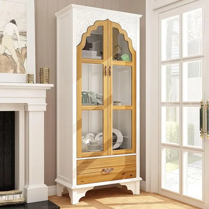 FUFU&GAGA 70.7" H Elegant Wooden Book Shelf Storage Cabinet - Carved Doors, Vintage Handles for Vintage Charm, Drawer, 3-Tier Shelves, 14.6" Depth Suits Slim Rooms, Large Capacity Tames Clutter for Living Room, Office, Vintage Handles Give Vintage Charm