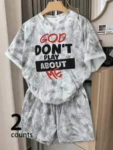 2-Piece Women's "God Don't Play About Me" Print Matching Set, Loose Casual T-Shirt & Shorts Outfit, Faith-Inspired Summer Streetwear for Daily Wear Womenswear