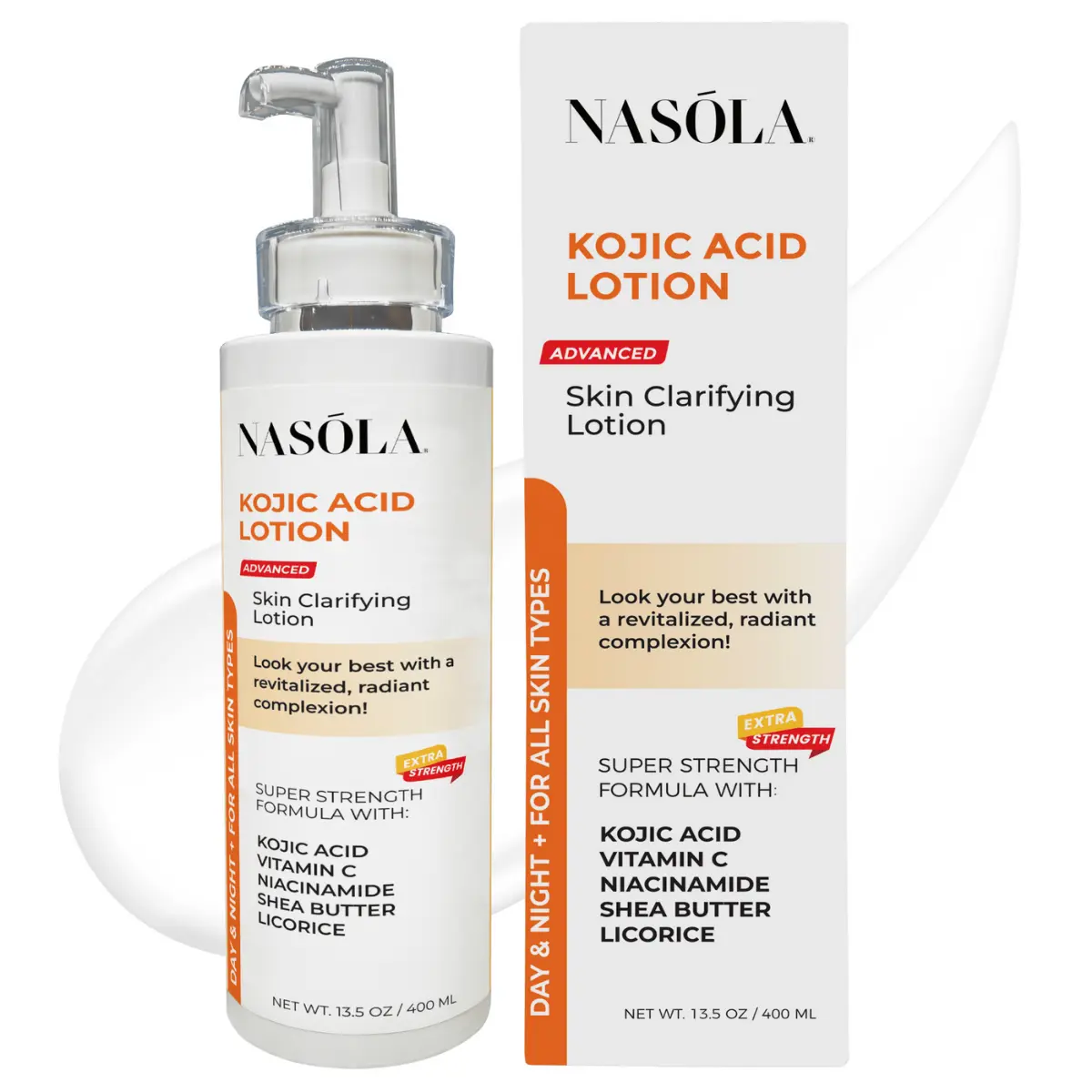Nasola Kojic Acid Lotion Natural Skin Clarifying for Face & Body with Vitamin C, Niacinamide, Shea Butter, Licorice & Green Tea for Complexion Revitalization, Women & Men
