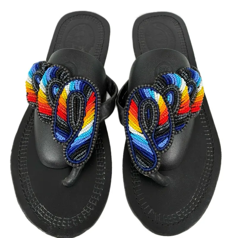 Handmade Beaded Leather Sandals Multicolor Thong Design Rainbow Beads Black Sole Women's Footwear