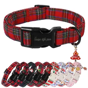 Unique Style Paws Festive Scottish Plaid Dog Collar with Decorative Pendant & Plastic Buckle for All Sizes XS to XL Soft Cotton Material