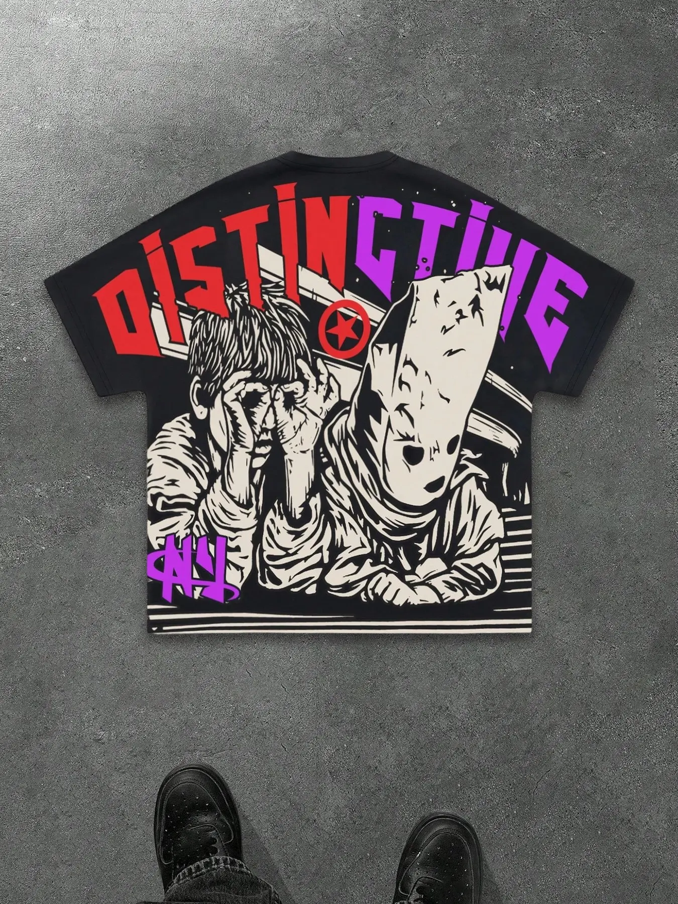 Men's Loose Fit Dual-Sided Graphic Tee, Distinctive Gradient Print & Comic Character Design, High-Quality Heavy Fabric, Casual Streetwear