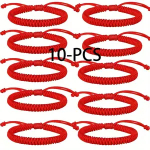 10PCS Red Handmade Vintage String Rope Bracelets Boho Valentine's Day Gift Adjustable Red String Bracelet Chain Set Charm Weave Unisex Wristband Accessory