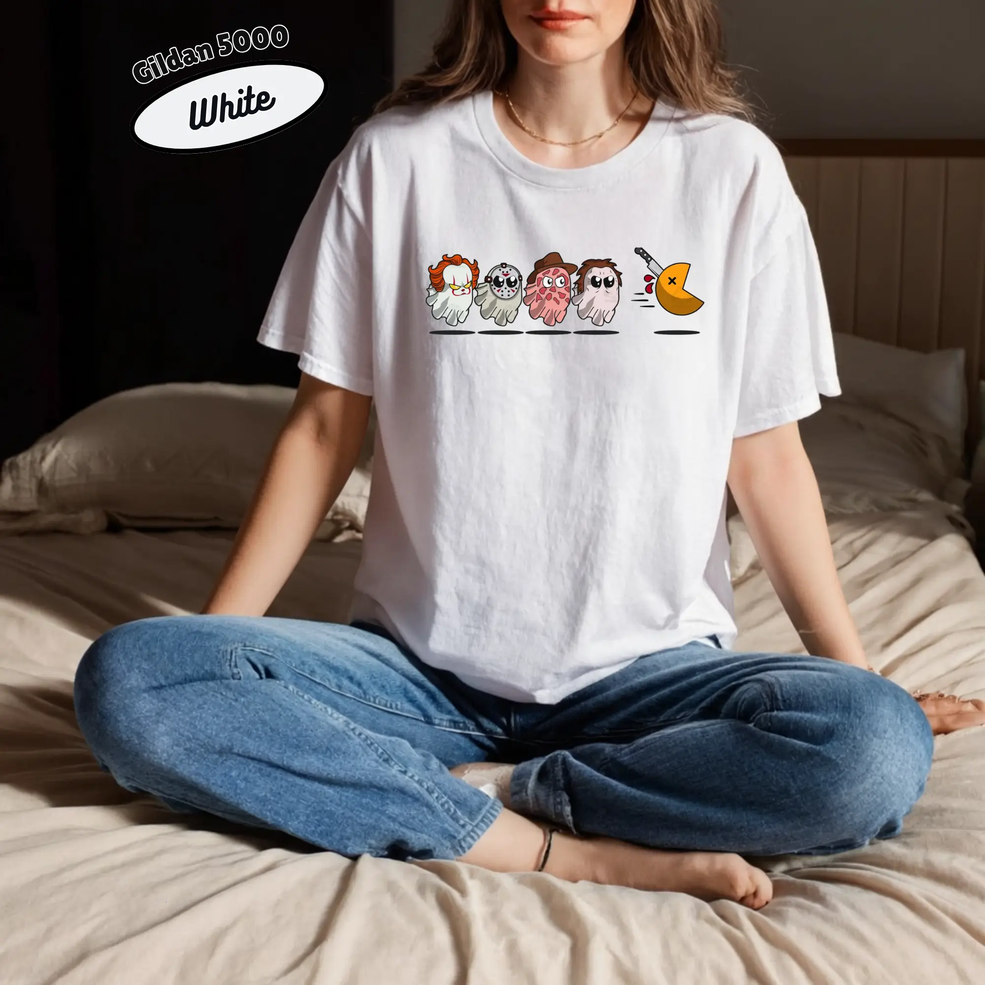 Funny Halloween Pac-Man Horror Characters T-Shirt | Cute Halloween Friends Tee | Horror Movie Parody Shirt