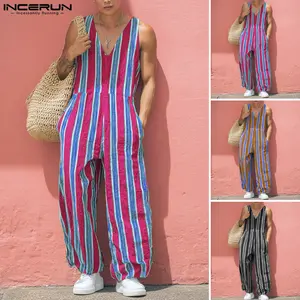 INCERUN Men's Fashion Striped Overalls, suitable for daily wear, performances, parties, and festivals.