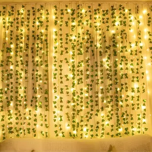 84Ft 12 Pack Artificial Ivy Leaf  Vine with 80 LED String Light,Green Vines Garland, Hanging for Home Kitchen Office Wedding Wall Decor