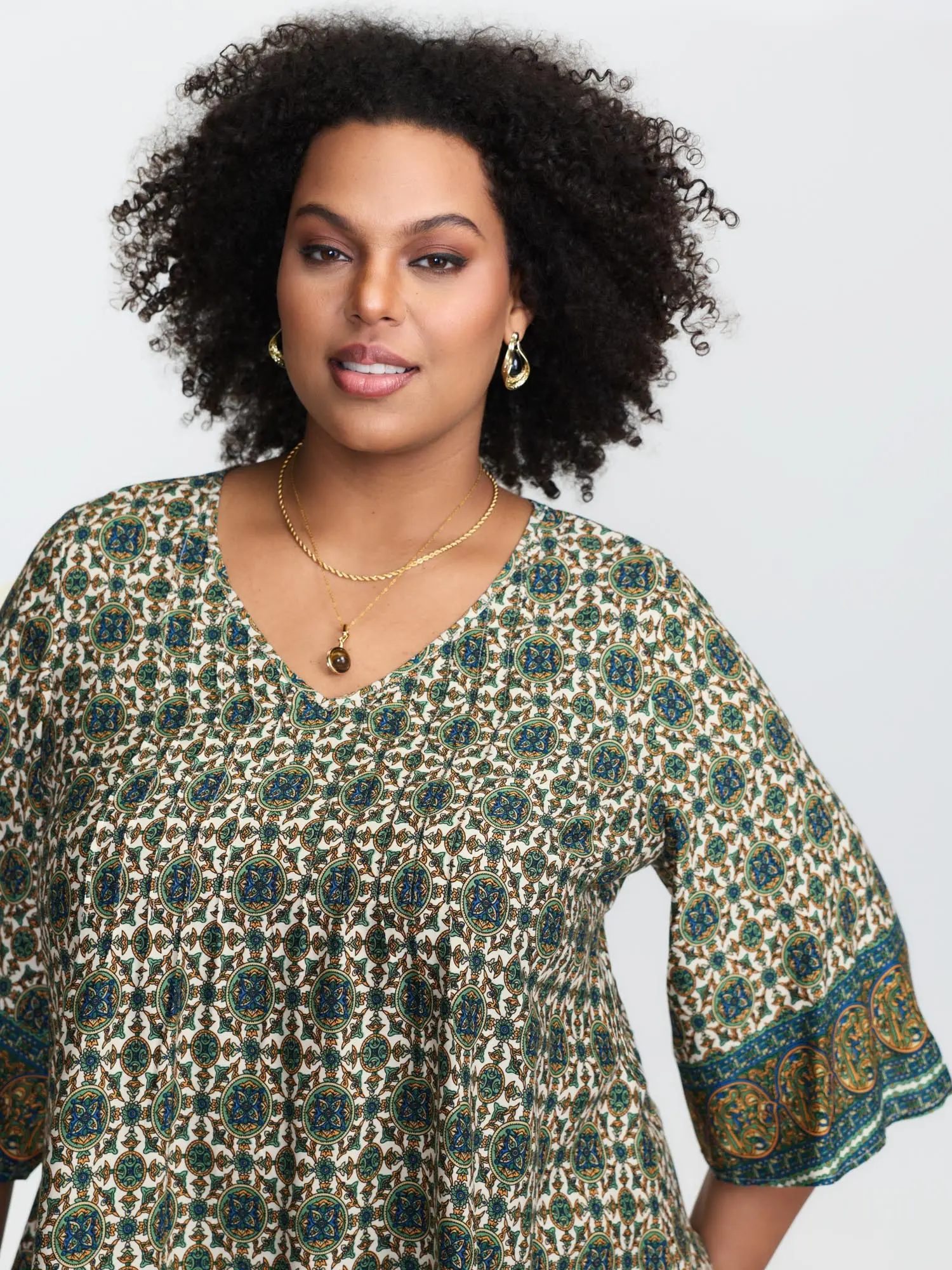 BloomChic Women's Plus Size V-Neck Rayon Fabric Boho Style Shirt - Indigo Paisley Print, Pin-Tuck Pleats, Bell Half Sleeves, Relaxed Fit, Comfy Colorful, 10/M-12/L [M-6X], Dress Casual Curvy Clothing, Do Not Tumble Dry, Breathable Elegance