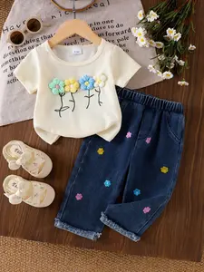 Baby Girl Comfortable Casual Loose Fit 2-Piece Set, Cream Waffle Texture Short Sleeve T-Shirt Top + Colorful Embroidered Flower Jeans Pants, Baby Clothing, Baby Clothes Girl