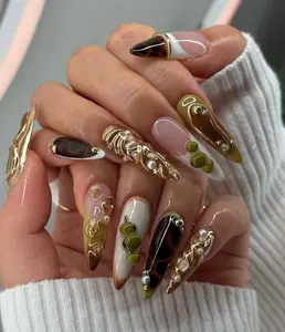 Autumn Luxe Tortoiseshell Press On Nails | Green & Gold Artistic Nail Set | Pearl Accent Nails | Statement Stiletto Press Ons | DC812E