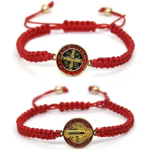 2 count Catholic Saint Benedict Medal Bracelet Adjustable Braided String Matching Bracelets Handmade Protection Pray Inspirational Religious  Gifts for Women Men