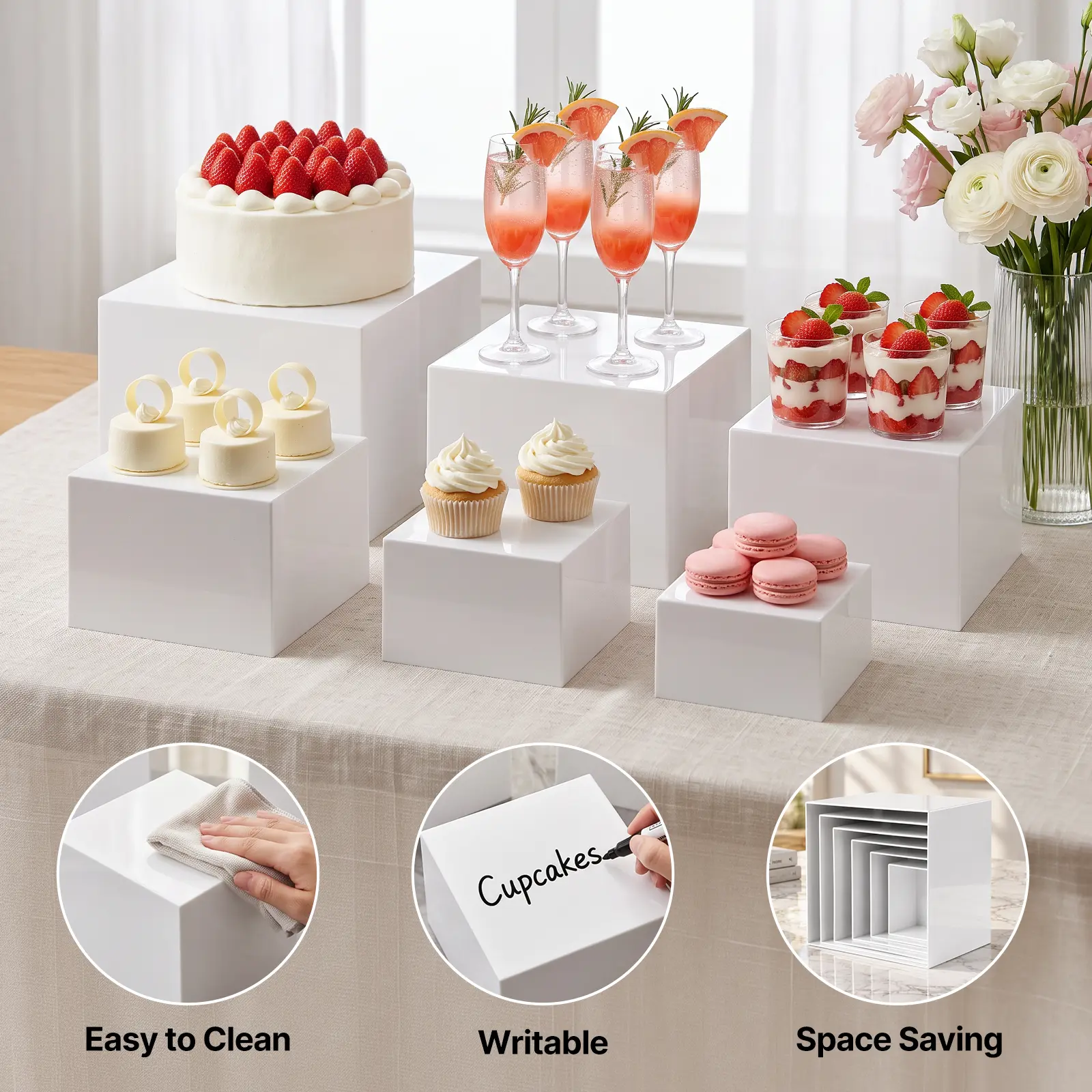 LOVEWE 6-Piece Multi-Size Acrylic Display Boxed Set - Large Buffet Food Risers & Stands for Parties, Assorted Sizes: 10in,9in,8in,7in,6in,5in