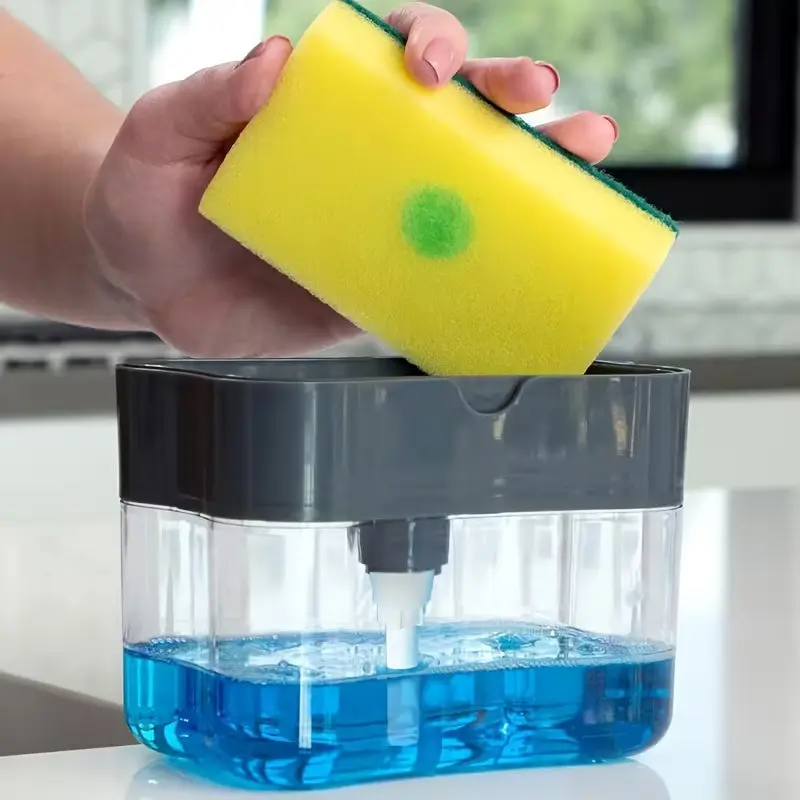 Fashionable Metal Color Kitchen Dish Liquid Soap Dispenser with Sponge Holder, Leak-Proof Pump Head, Complete Sink Organization Solution, Soap Container, Dishwashing Dispenser