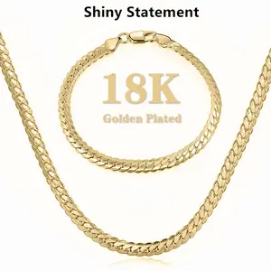 Shiny Statement 18K Gold-Plated 2-Piece Set Full Side Necklace & Bracelet Retro Style Stainless Steel Waterproof Sweat-Proof 5mm Width 22/24/26 Inches Perfect Christmas Giftsummerwins